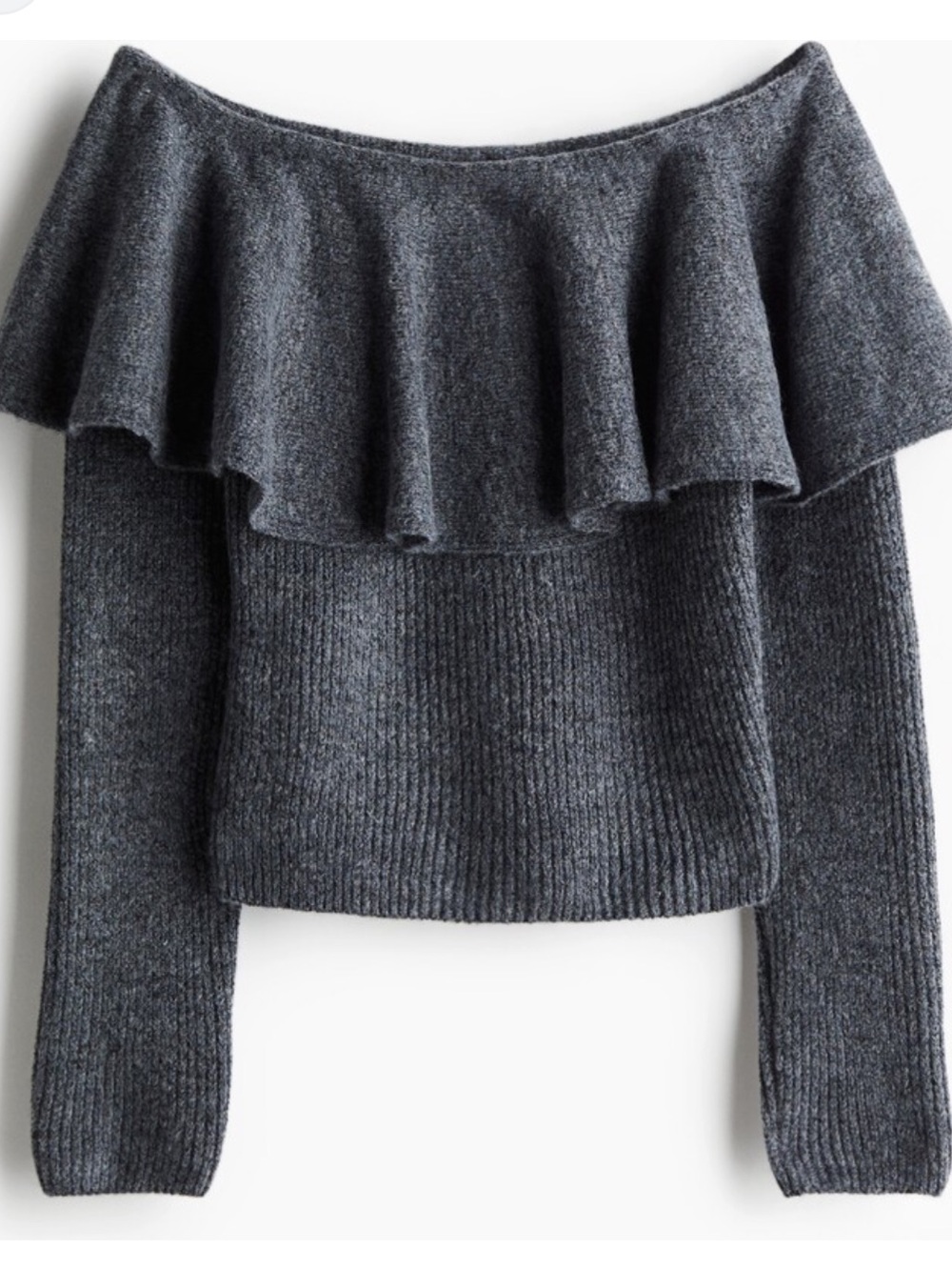 H&M Charcoal Gray Off-Shoulder Ruffle Knit Sweater